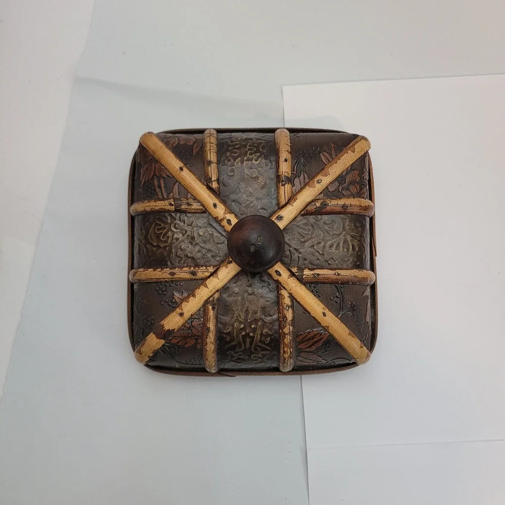 Vintage Decorative Keepsake Box Brown Floral Embossed Bamboo Trim Flared